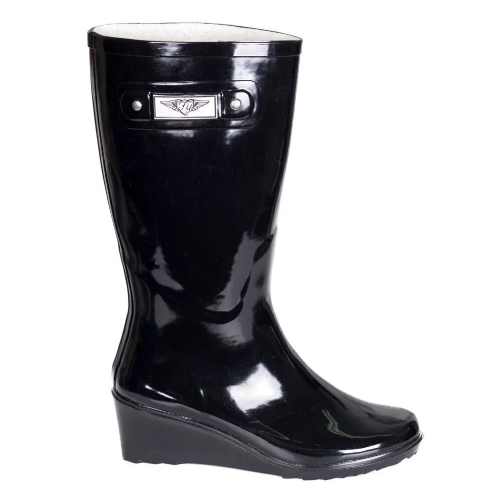 Women's Rubber Rain Boots, Wedge Garden Rainboots, Black, NEW